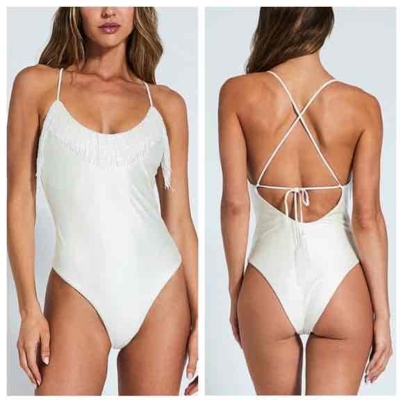 Free People Devon Windsor Fringe Halter Tie Back Off-White Swimsuit XS - Picture 3 of 12